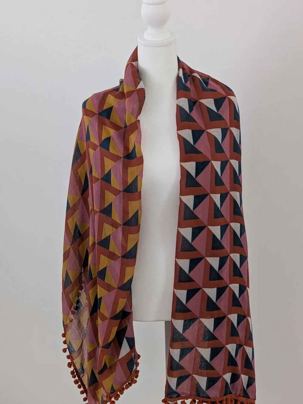 Prana Scarf Geometric Block Print Pom-Pom Trim Oversized 68